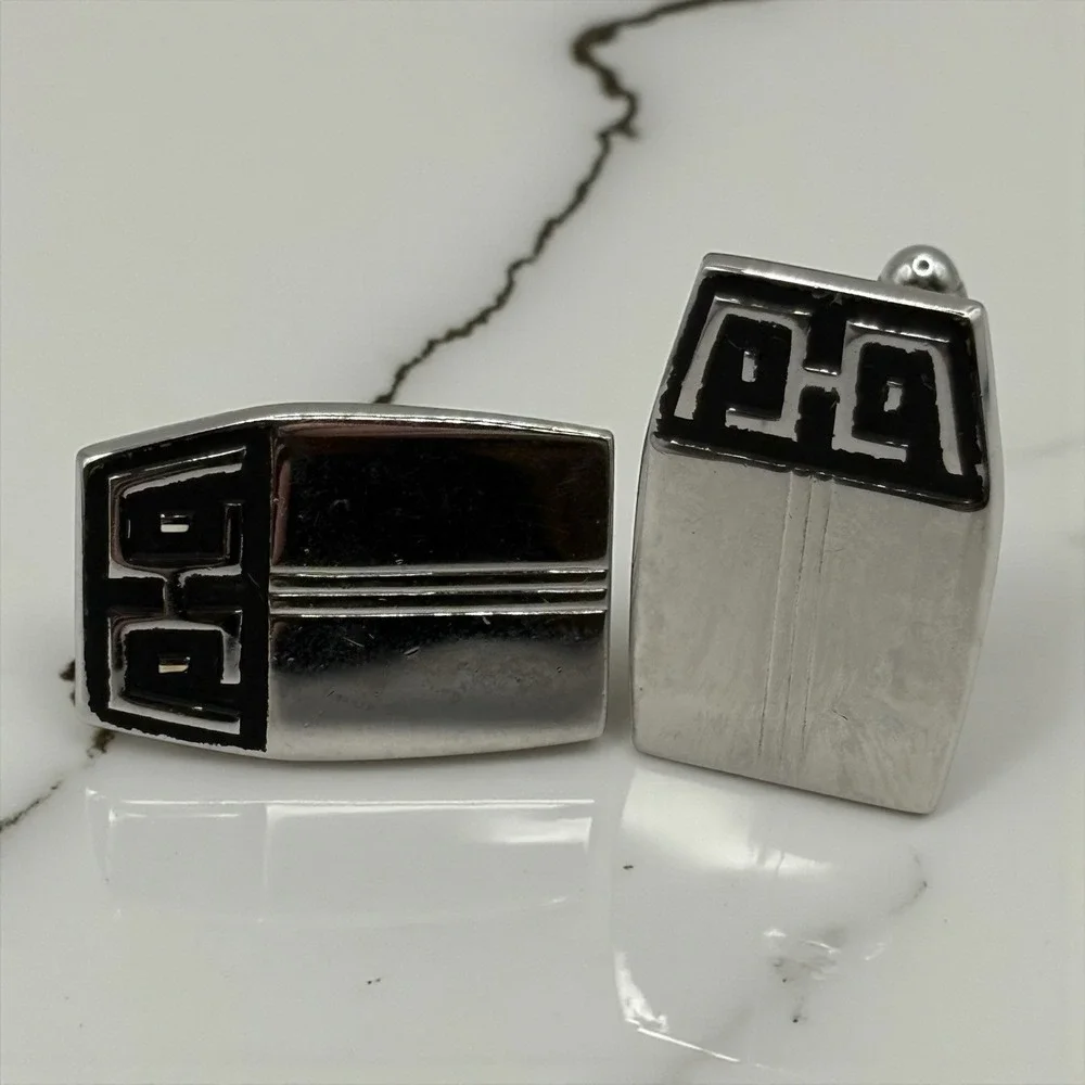 HICKOK USA Abstract Cufflinks Vintage MCM Silver Tone Black Accent Ornate Formal